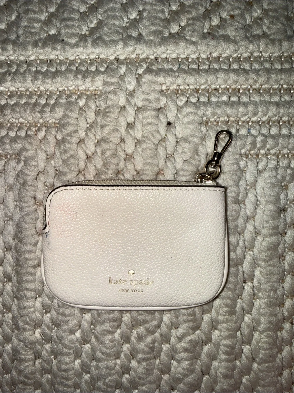 kate spade Cream Pebbled Leather Key Pouch with Gold Spade Accent